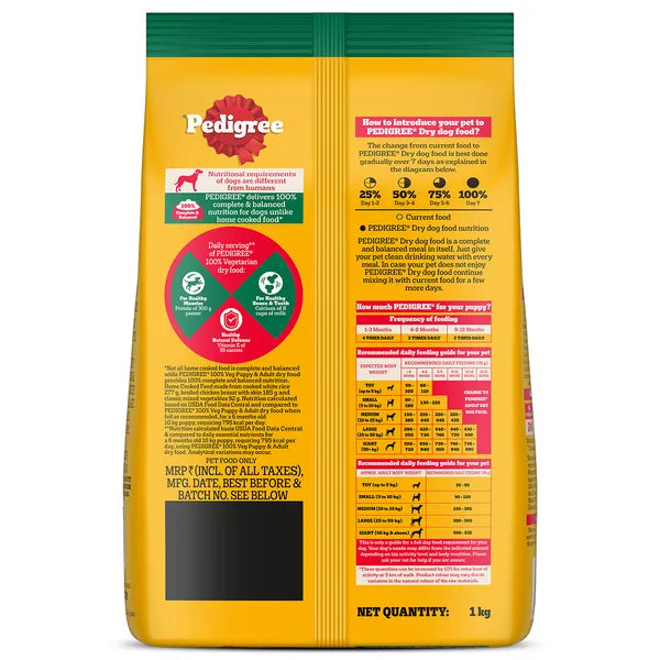 Pedigree 100% Vegetarian Puppy and Adult Veg Dog Dry Food | 1 KG | 2.5 KG | 10 KG