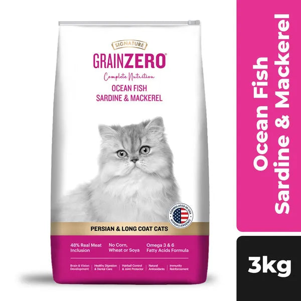 Signature Grain Zero Ocean Fish, Sardine and Mackerel Long Coat & Persian Adult Cat Dry Food | 1.2 KG | 3 KG