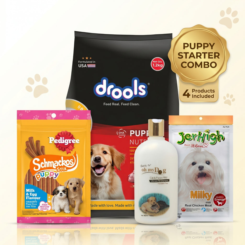 PUPPY STARTER PACK 
Drools Puppy Food | Schmackos Stix | JerHigh Treat | Mild Shampoo