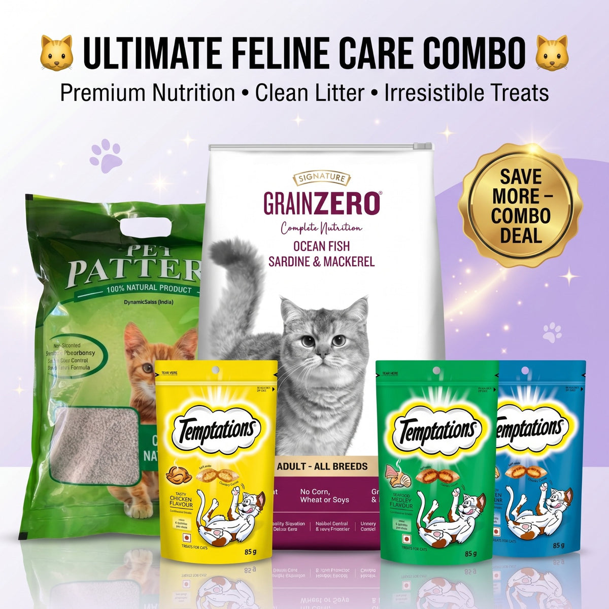 Adult Monthly Cat Care Combo
Food + Litter + 3 Temptations Treats