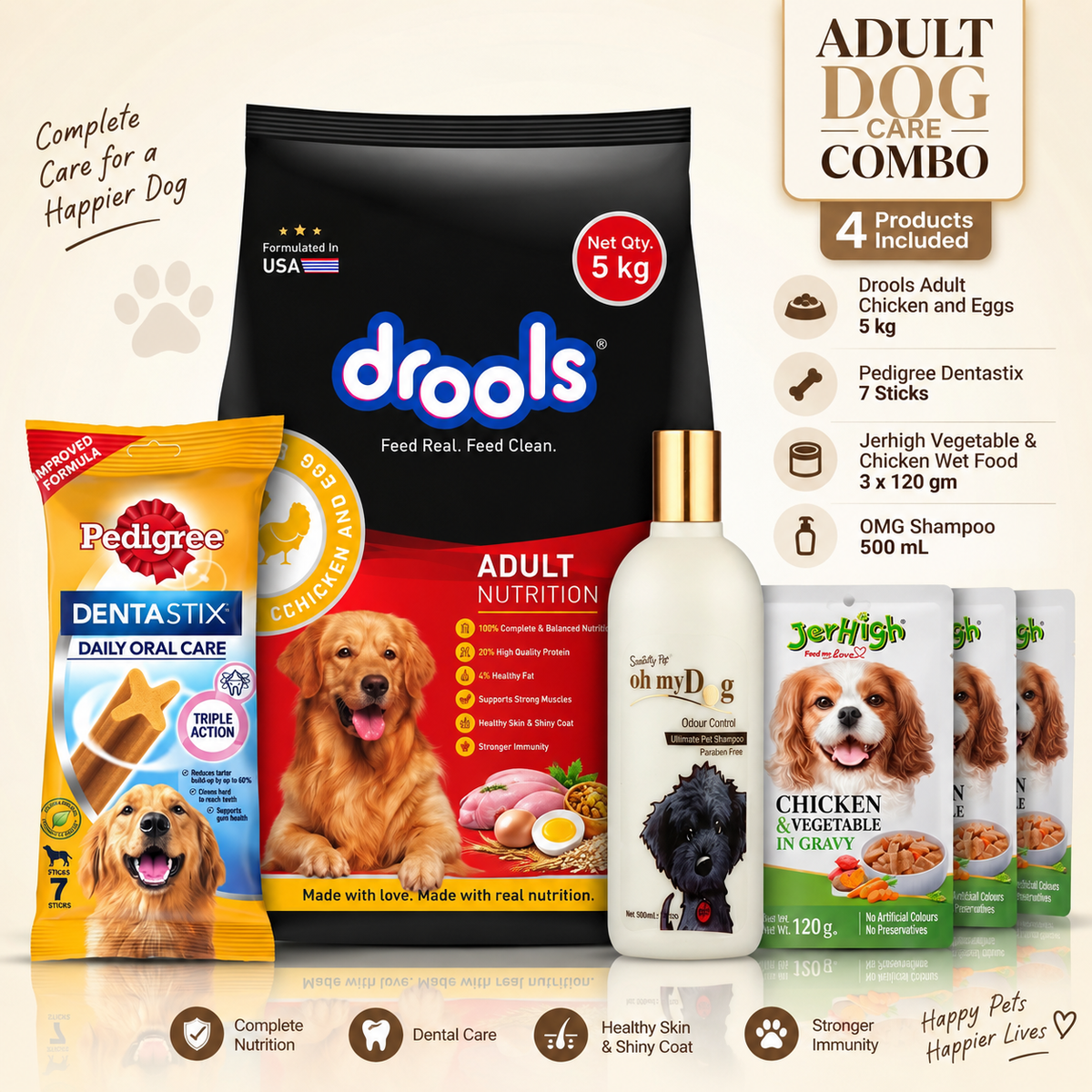 Complete Adult Dog Care Combo
Food | Dental Care | Wet Food | Shampoo