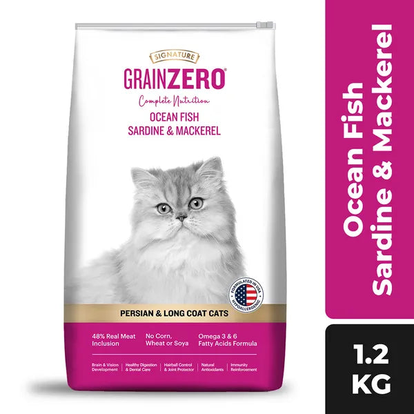 Signature Grain Zero Ocean Fish, Sardine and Mackerel Long Coat & Persian Adult Cat Dry Food | 1.2 KG | 3 KG