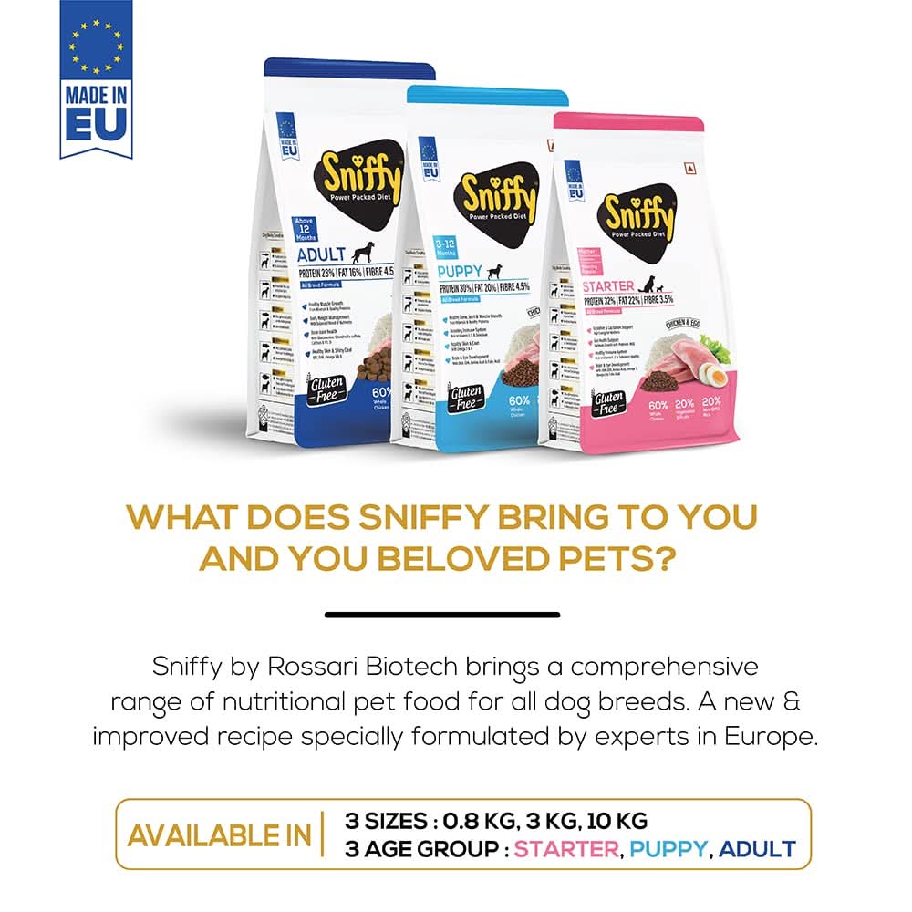 Sniffy Starter Dry Dog Food for Pregnant Mother & Weaning Puppy | Real Chicken & Egg, Power Packed High Protein Diet for All Breeds | 800 GM | 3 KG