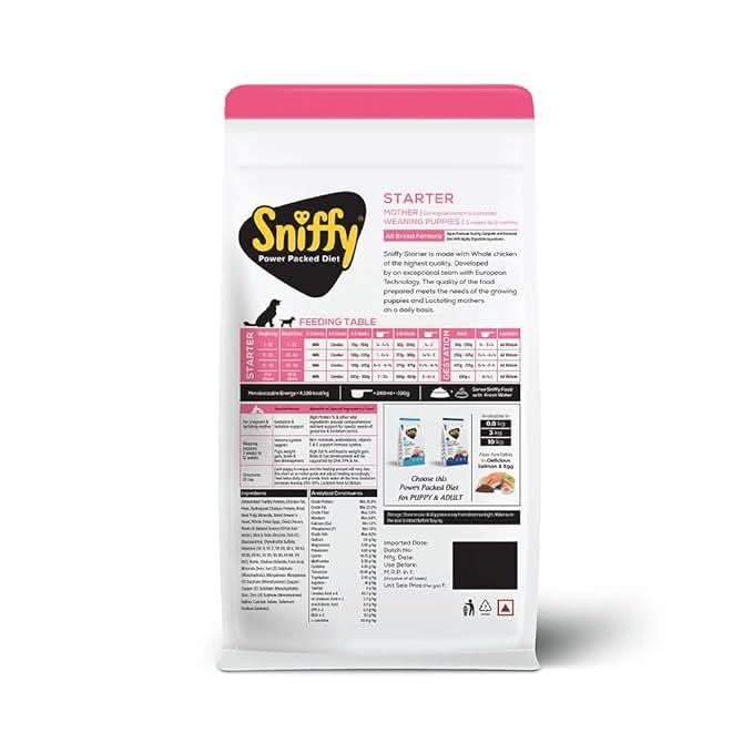 Sniffy Starter Dry Dog Food for Pregnant Mother & Weaning Puppy | Real Chicken & Egg, Power Packed High Protein Diet for All Breeds | 800 GM | 3 KG