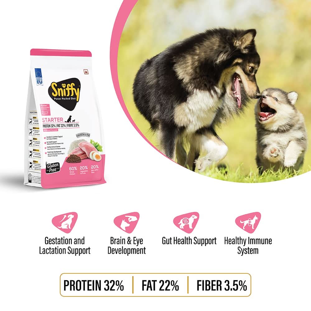 Sniffy Starter Dry Dog Food for Pregnant Mother & Weaning Puppy | Real Chicken & Egg, Power Packed High Protein Diet for All Breeds | 800 GM | 3 KG