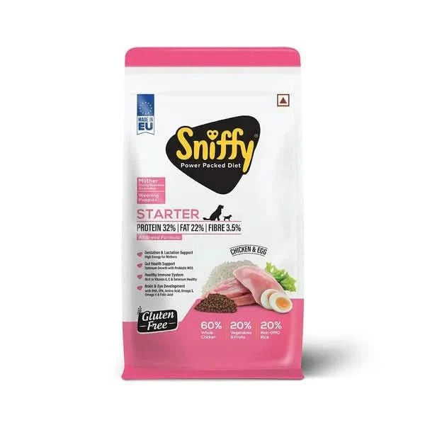 Sniffy Starter Dry Dog Food for Pregnant Mother & Weaning Puppy | Real Chicken & Egg, Power Packed High Protein Diet for All Breeds | 800 GM | 3 KG