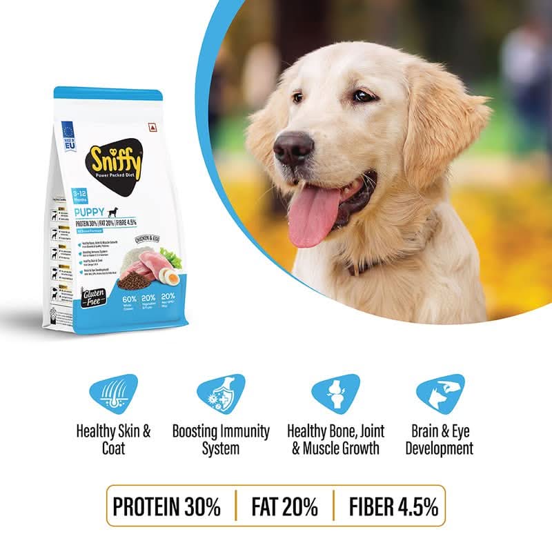 Sniffy Puppy Dry Dog Food | Real Chicken & Egg, Power Packed Diet High Protein Diet for All Breeds | Gluten Free Food for Dogs